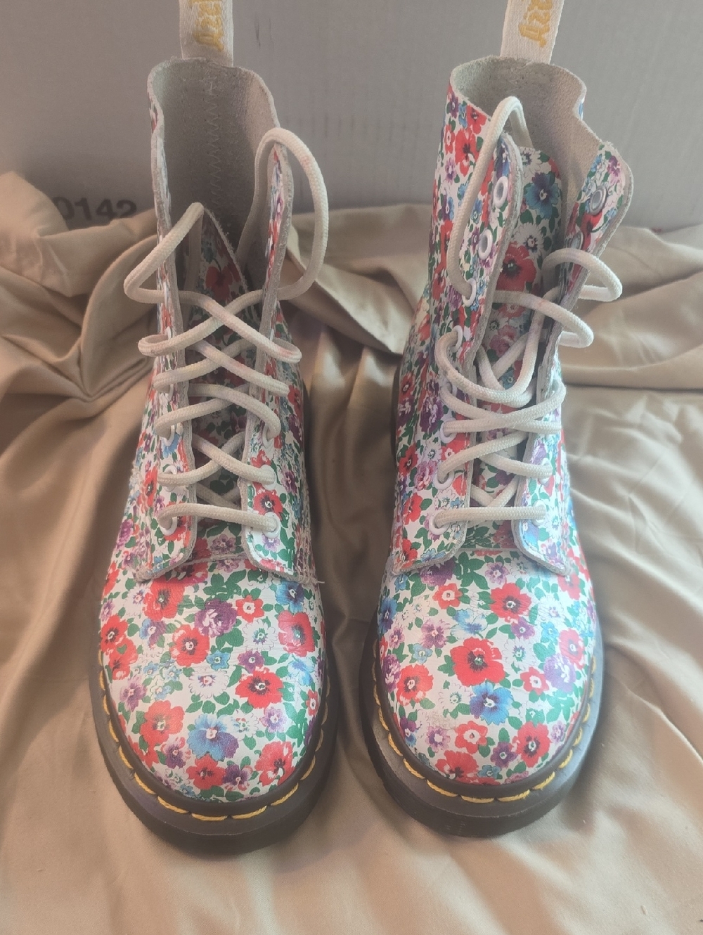 Like New  Never Worn Dr. Martens White and Yellow Floral Lace-Up Boot